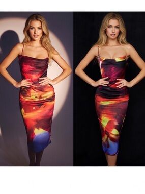 HOUSE OF CB 'Mitzi' Printed Satin Corset Midi Dress/XSmall US2-4 $209